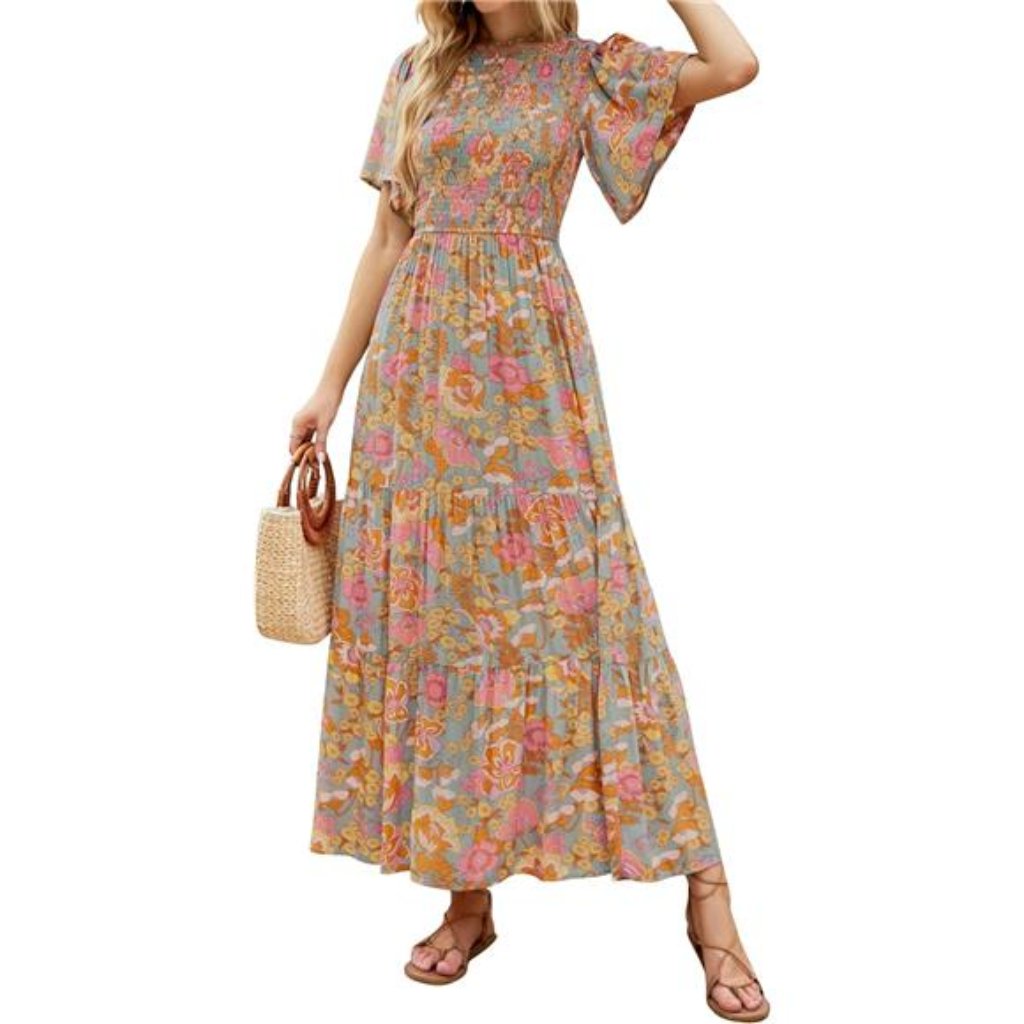 Zesica Women's 2025 Summer Casual Floral Print Short Flutter Sleeve Crew Neck